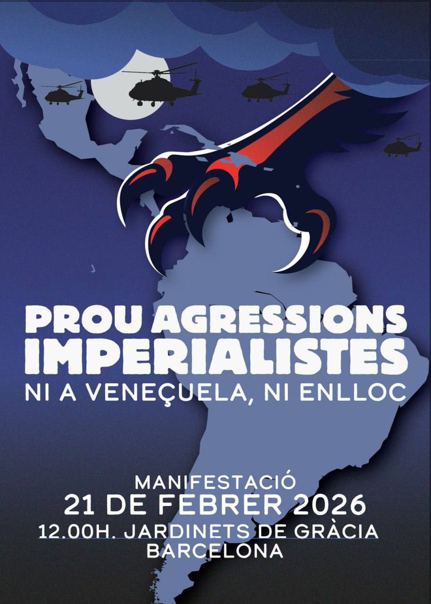 🔴 No a l'imperialisme! Ni a Veneçuela ni enlloc!

✊ Ens plantem al carrer.
📍 Trobada: Casa Seat (Pg. Gràcia, 109) a les 11:45h.
🗓 Dissabte 21 de febrer – 12h als Jardins de Gràcia.

🌍 Amb els pobles, sempre!

 #ForaImperi #VeneçuelaNoEstàSola #PSUC