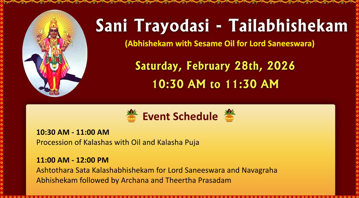 Sani Trayodasi - Tailabhishekam
Saturday, February 28th, 2026 - 10:30 AM to 11:30 AM
livermoretemple.org/cms/wp-content…