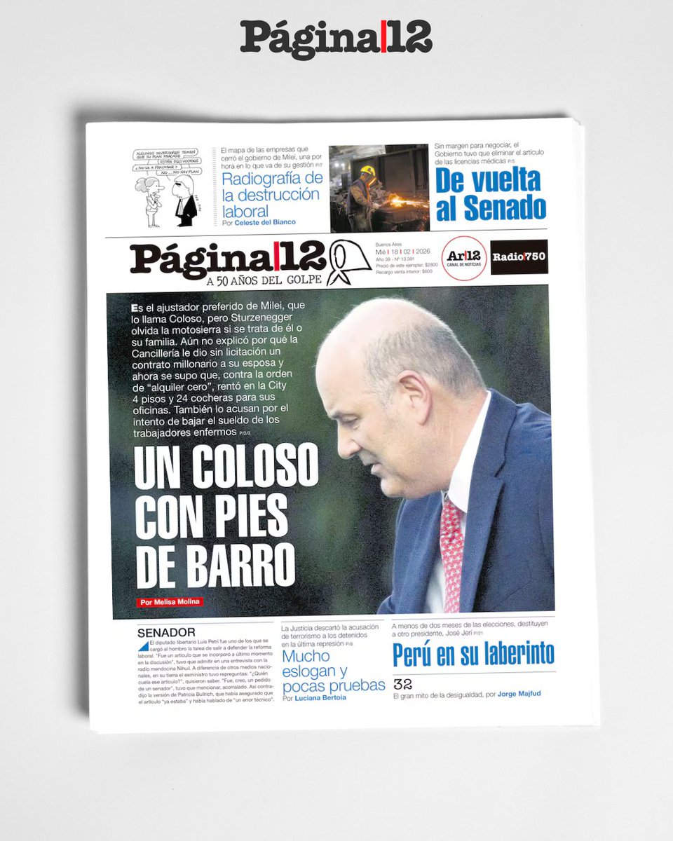 pagina12's tweet photo. Sturzenegger aún no explicó por qué la Cancillería le dio sin licitación un contrato millonario a su esposa y ahora se supo que rentó 4 pisos y 24. También lo acusan por el intento de bajar el sueldo de los trabajadores enfermos | Por Melisa Molina https://t.co/mdv9JeufoD https://t.co/gwl2WOUAsn