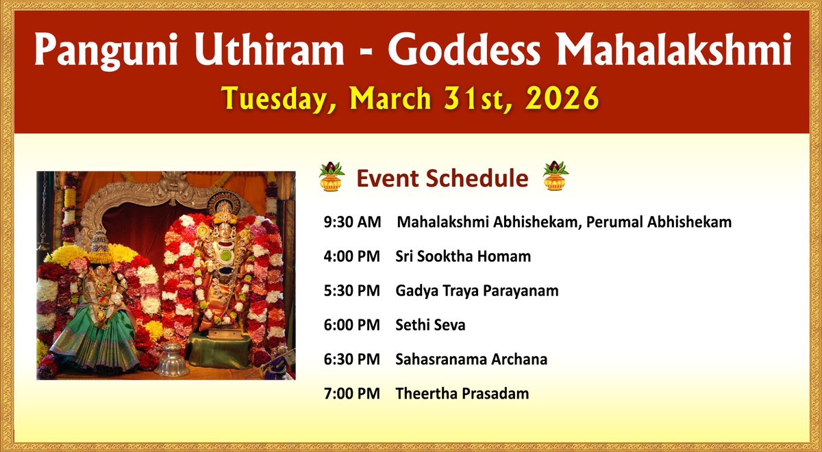 Panguni Uthiram - Goddess Mahalakshmi
Tuesday, March 31st, 2026
livermoretemple.org/cms/wp-content…