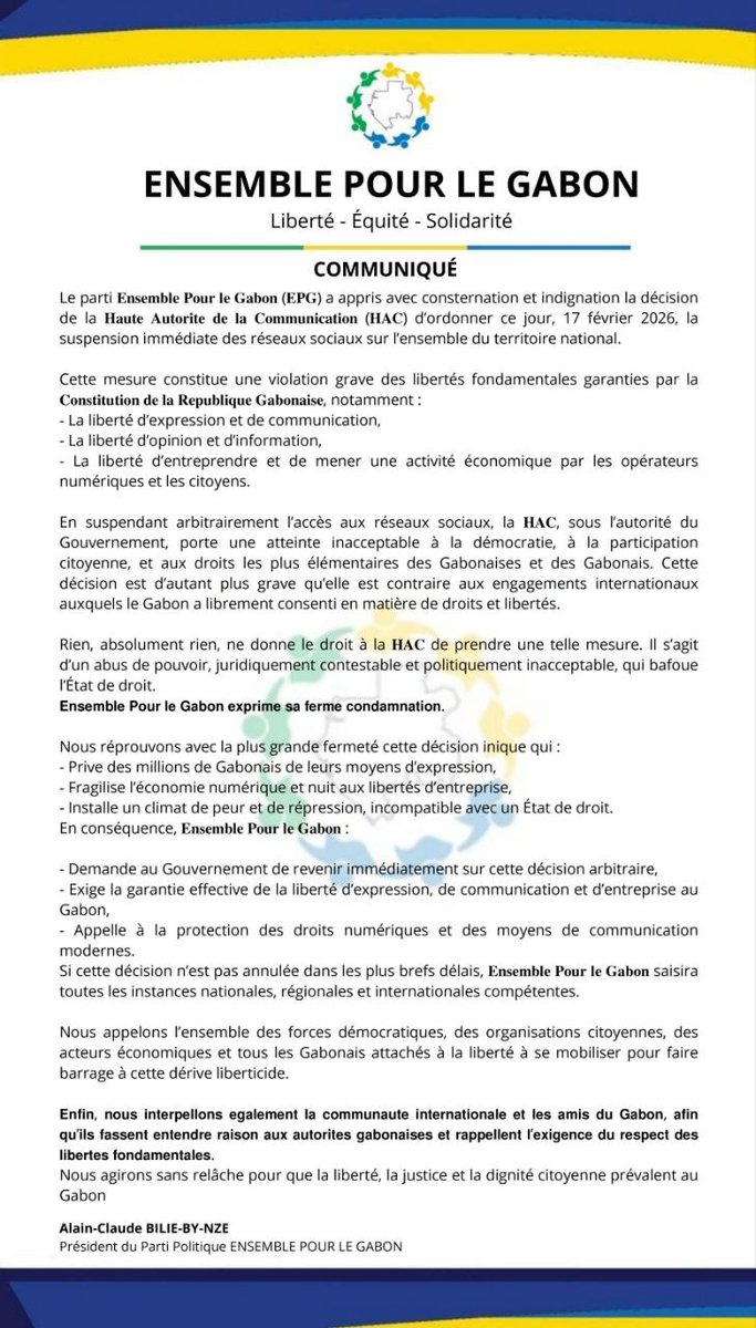 Le pouvoir perd ses nerfs. Que prépare ce craquage ? Une nouvelle étape vient d'être franchie. J'appelle à l'annulation de cette mesure anti constitutionnelle et au respect des libertés individuelles !
#Gabon
#oserlarupture
#ACBBN
<a href="/gabonreview241/">Gabonreview.com</a> <a href="/gabonmediatime/">Gabon Media Time</a> <a href="/RFIAfrique/">RFI Afrique</a>
