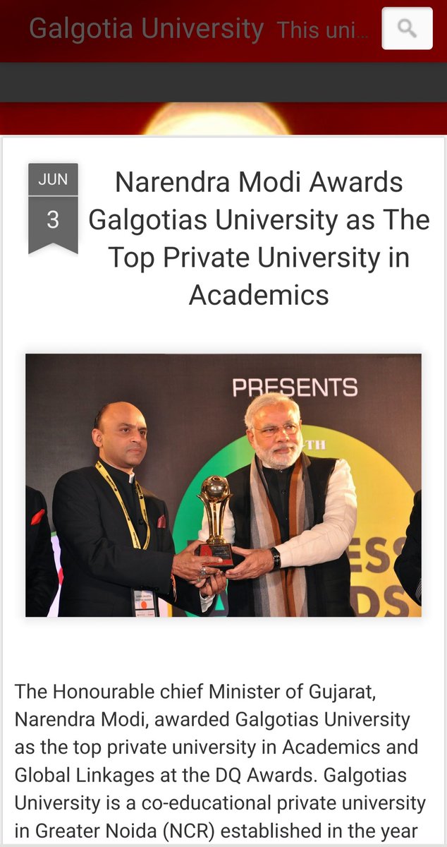 arunruby08's tweet image. Watch out,
No one will speak a word against #GalgotiasUniversity for its lies, deceit, and for playing with the future of its students.
Narendra Modi had already presented this university with an award for #Excellence in #Academics back on January 20, 2014. At that time, Narendra