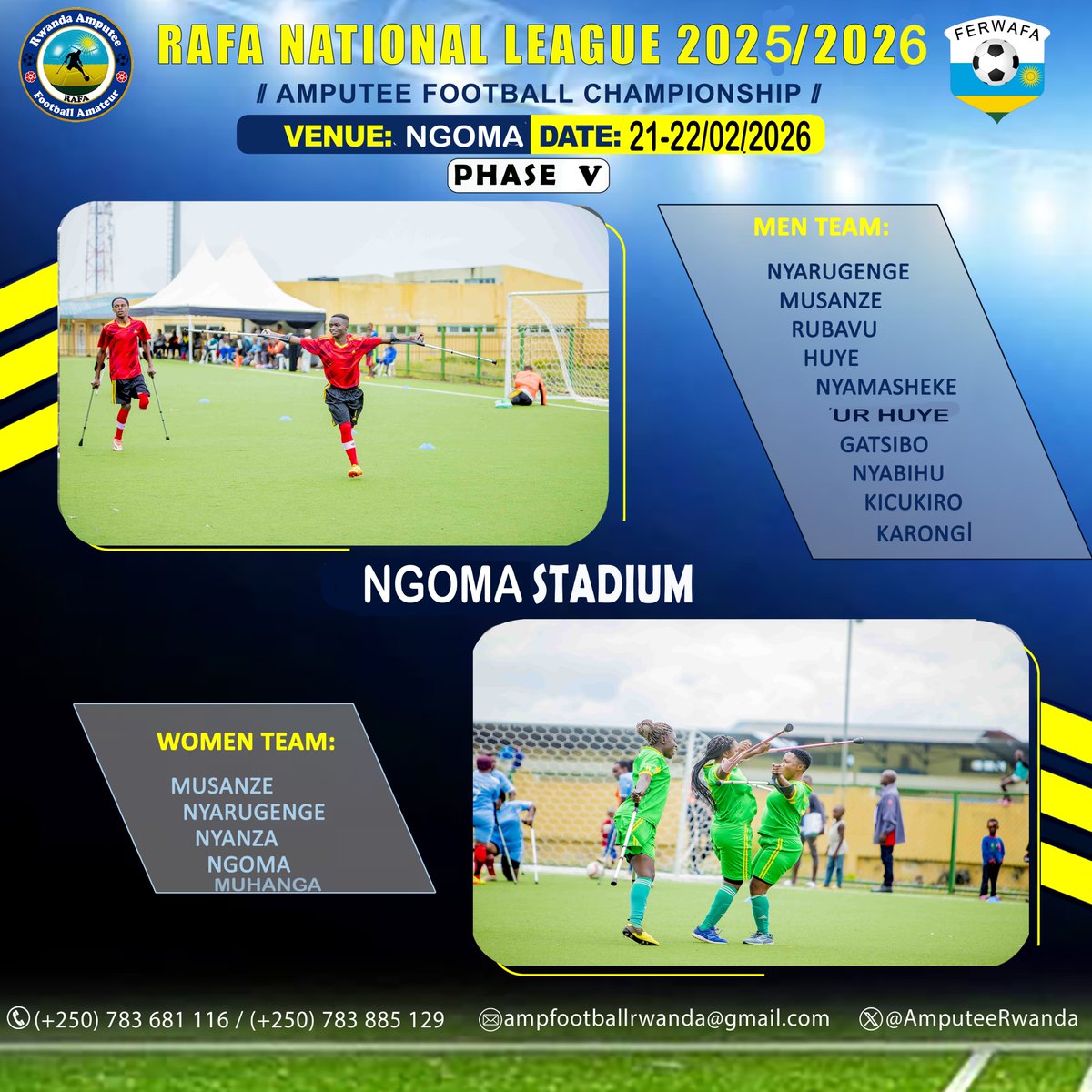 THE WAIT IS OVER! 🔥<a href="/NgomaDistrict/">Ngoma District</a> is the place to be this weekend for the Rwanda Amputee Football National Championship Phase 5. 📍 Ngoma Stadium 🗓️ Feb 21–22, 2026 🏆 15 Clubs | Men &amp; Women                                      Bring your energy and cheer for your favorite team!