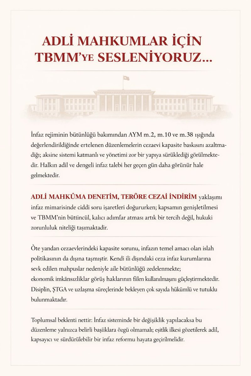 🚨İnfaz düzenlemeleri kapasiteyi rahatlatmadı; adli-terör ayrımı infaz mimarisini karmaşıklaştırıyor. TBMM adil infaz ve aile mağduriyetini önlemek için harekete geçmeli.  #terörsüzTürkiye
<a href="/abakingurlek/">Akın Gürlek</a> <a href="/TBMMresmi/">TBMM</a> <a href="/TBMMGenelKurulu/">TBMM Genel Kurulu</a> <a href="/YildizFeti/">Feti Yıldız</a> <a href="/NumanKurtulmus/">Numan Kurtulmuş</a> <a href="/Akparti/">AK Parti</a> <a href="/RTErdogan/">Recep Tayyip Erdoğan</a>