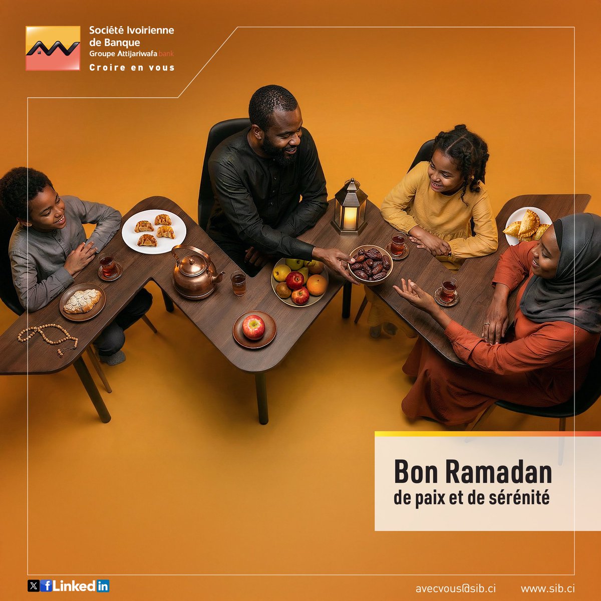 En ce mois sacré de Ramadan, la Société Ivoirienne de Banque vous accompagne dans vos moments les plus précieux. 

Que ce temps de dévotion soit source de paix, de santé et de sérénité pour vous, vos familles et vos proches.

Bon Ramadan à toute la communauté musulmane.

#SIB