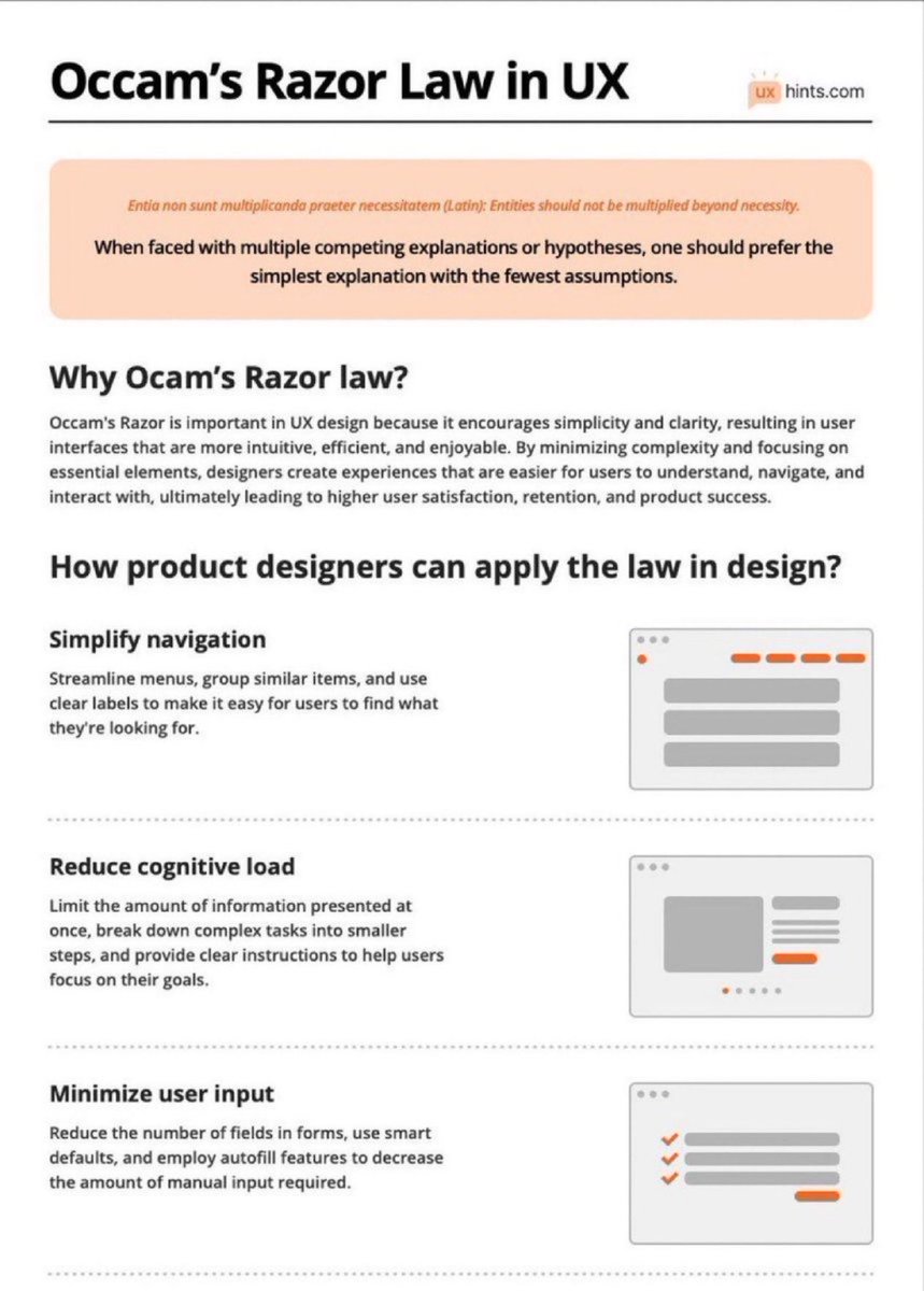 Learn How To Use Occam’s Razor Law to Boost Your Next Design Project! 🙌

FREE PDF Download 🔖 

Occam’s Razor is a problem-solving principle stating that the simplest explanation or solution, with the fewest assumptions, is often the most likely to be correct.

Summary:

Why