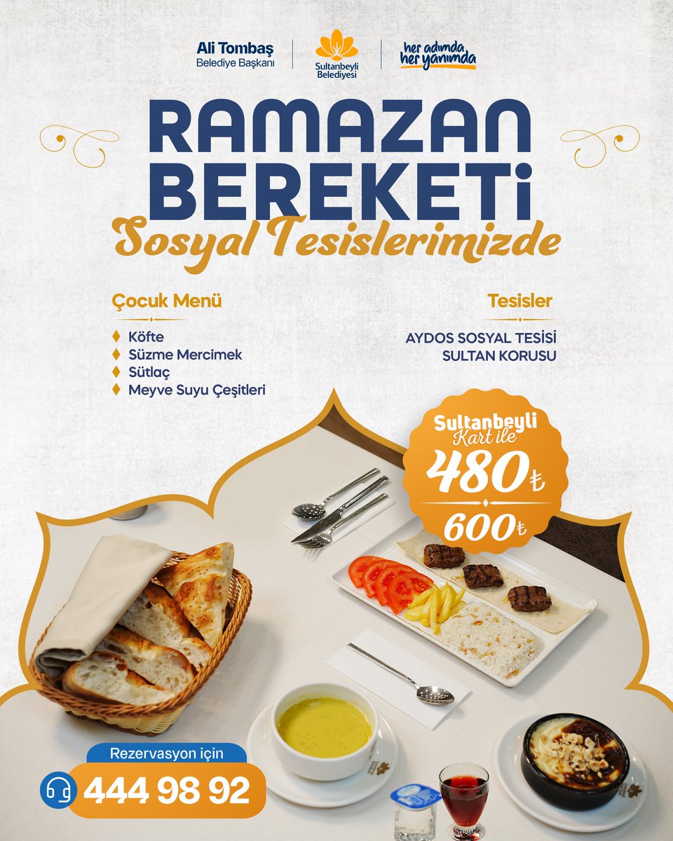 Ramazan’ın huzur ve bereketini aynı sofrada paylaşıyoruz. 🌙✨

Sosyal tesislerimizde özenle hazırladığımız iftar menüleri için rezervasyon işlemlerimiz devam ediyor. 

Detaylı bilgi ve kayıt👇
📞 444 98 92
