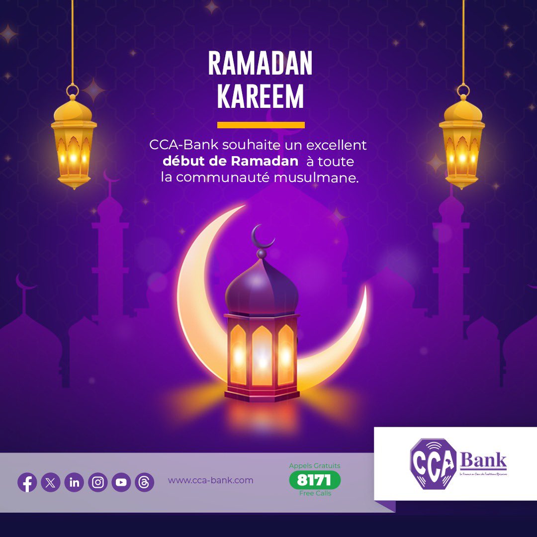 cca_bank's tweet photo. Nous vous souhaitons un excellent début de mois de Ramadan à toute la communauté musulmane.
Que ce temps de prière, de jeûne et de partage vous apporte paix, santé et prospérité.
Bon mois de ramadan 🤲🏽🌙🕌
#CCABank #Ramadan2026 https://t.co/n27Wr9vxeD