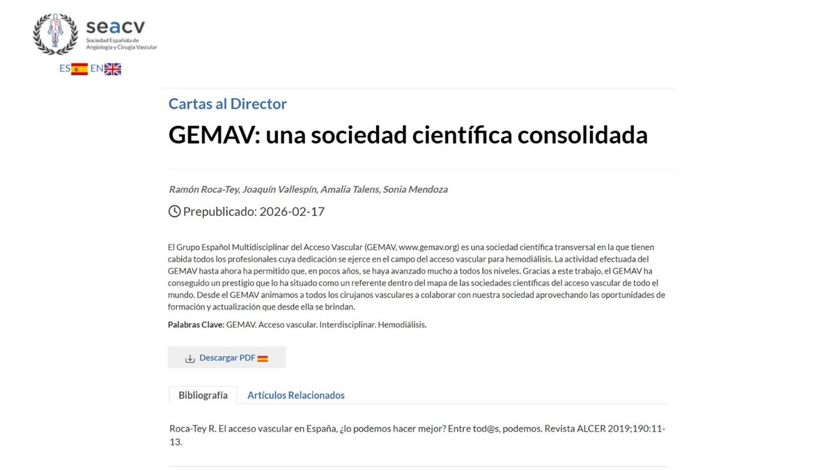 GEMAVsociedad's tweet photo. 🔵 GEMAV, una sociedad científica consolidada.

En la Revista Angiología (SEACV) repasamos el crecimiento e impacto de GEMAV en el acceso vascular para hemodiálisis.

Formación, consenso, multidisciplinariedad y proyección internacional.

📄 https://t.co/T2ewTGAqxJ

#GEMAV https://t.co/f9PVrX5Qwl