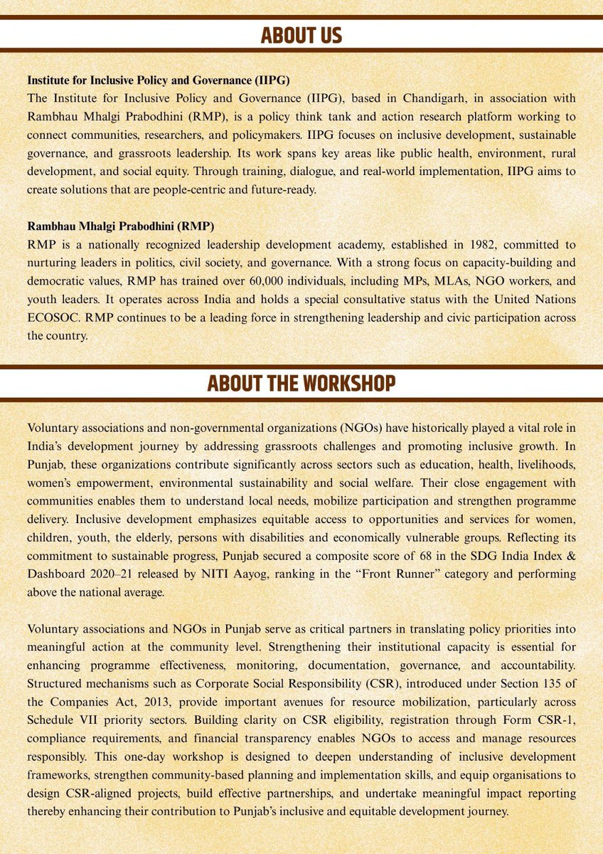 IIPG_RMP's tweet photo. IIPG, in association with Rambhau Mhalgi Prabodhini, is hosting a one-day workshop on “Role of Voluntary Associations &amp; NGOs in Punjab towards Inclusive Development” at ATARI–PAU, Ludhiana on 27 Feb 2026.

Strengthening civil society for participatory governance.

#IIPG #RMP #NGO https://t.co/Eka3paH3i8