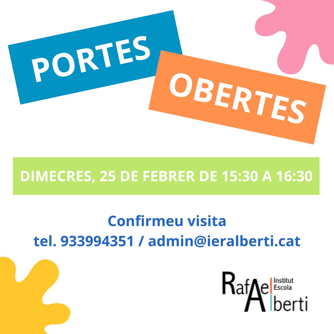 IERAlberti's tweet photo. 📢 El 25 de febrer celebrem el nostre Dia de Portes Obertes!

Veniu a conèixer el centre, el nostre projecte i tot el que oferim. Ens encantarà rebre-us! 💛

Recordeu confirmar la vostra assistència per telèfon o correu electrònic.

Us hi esperem! ✨ https://t.co/CAriPf4hja