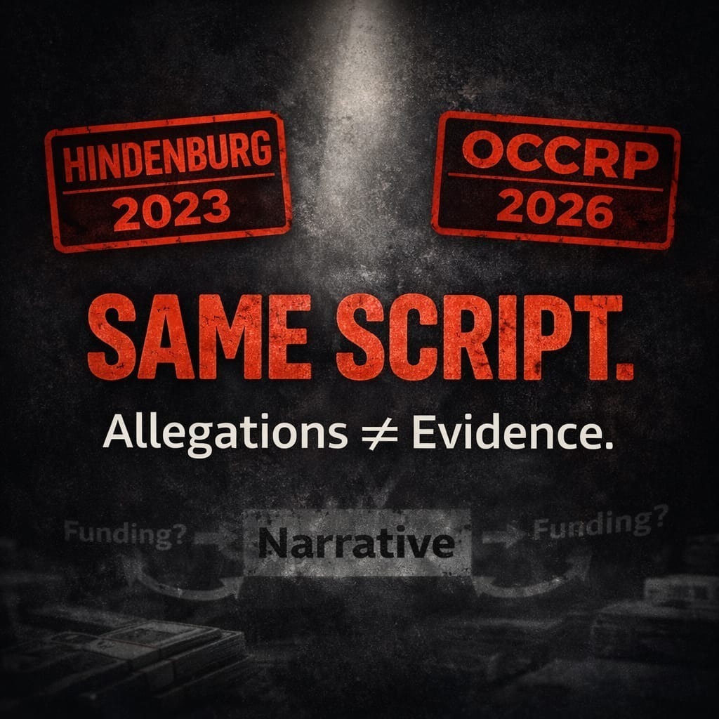 When #Adani is targeted repeatedly, the criticism often extends to SEBI, SBI, LIC and even judicial outcomes that have already examined these issues.

This stops looking like corporate scrutiny and starts looking like institutional pressure.

The #OCCRP is not against Adani, they