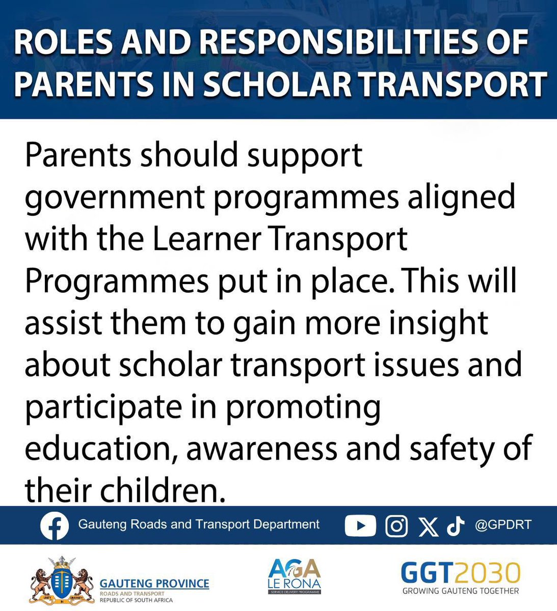 GPDRT_'s tweet photo. Scholar transport safety | ROLES AND RESPONSIBILITIES OF PARENTS IN SCHOLAR TRANSPORT 

#scholartransport #itstartswithyou #roadsafety #EThomaKaWena #GPBacktoSchool #Back2School #gauteng https://t.co/474wyFFgER