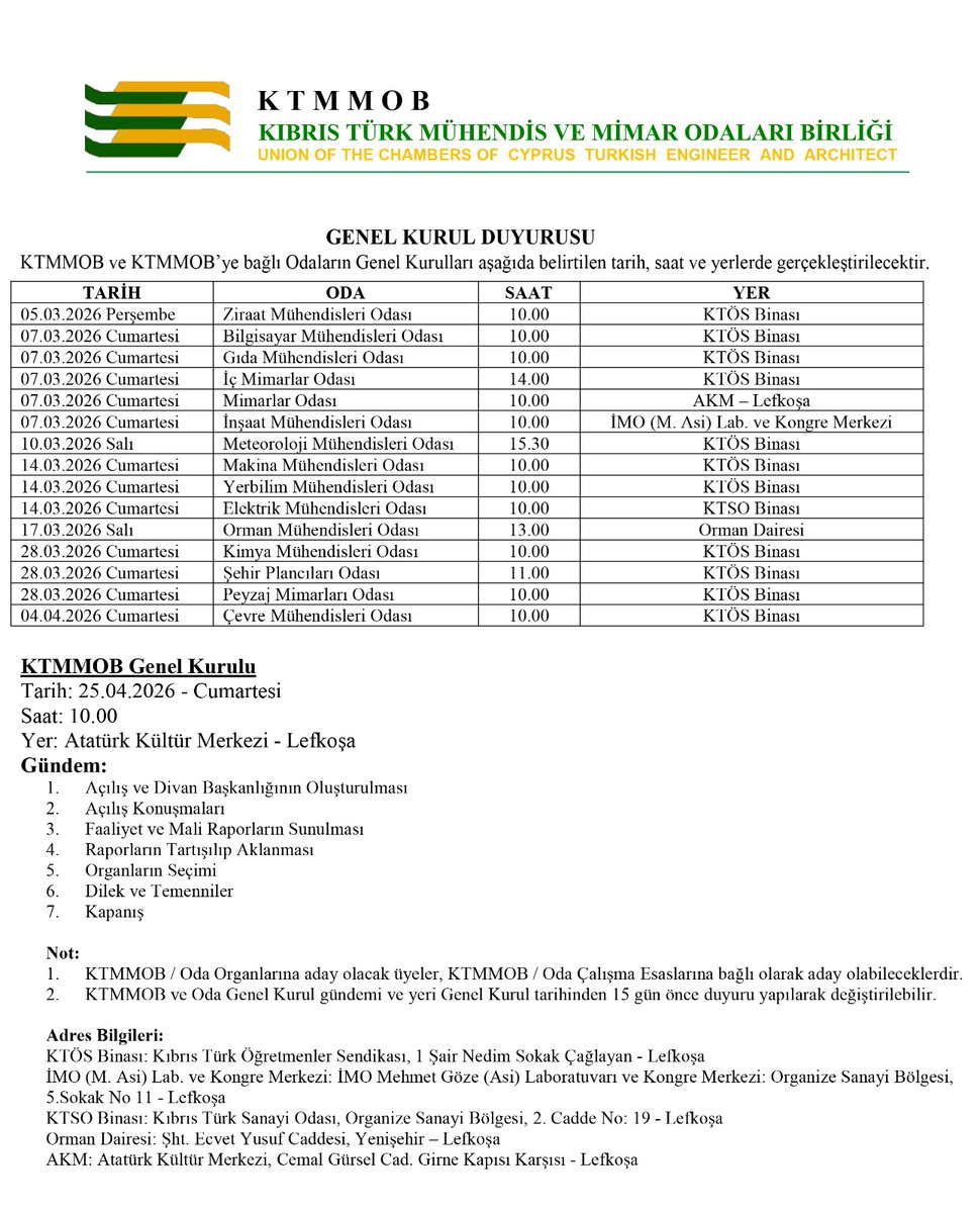 GENEL KURUL DUYURUSU

KTMMOB ve KTMMOB’ye bağlı Odaların Genel Kurulları aşağıda belirtilen tarih, saat ve yerlerde gerçekleştirilecektir.