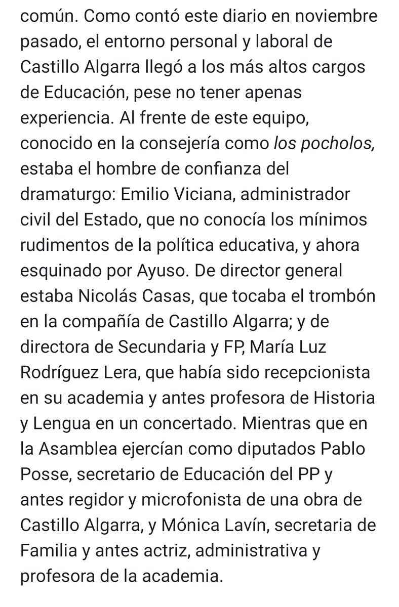 La EDUCACIÓN PÚBLICA madrileña ha estado en manos de unos "pocholos’, el equipo de inexpertos que funcionaban como secta en manos del gurú de <a href="/IdiazAyuso/">Isabel Díaz Ayuso</a>, un tal Antonio Castillo Algarra, <a href="/AlgarraCastillo/">Antonio Castillo Algarra</a>. ¡Joder con la SOCIOPATA! uno tocaba el trombón, otra recepcionista...