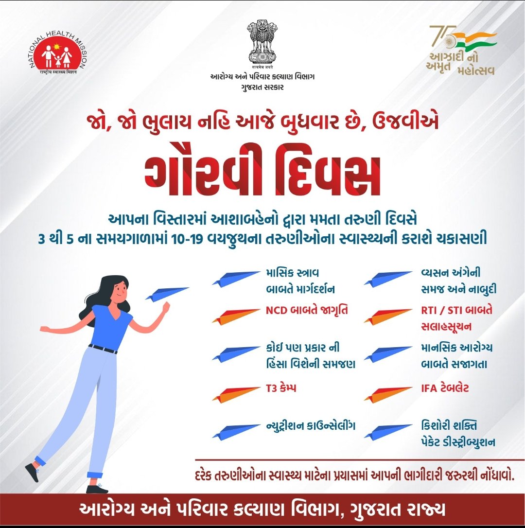 આજે બુધવારે છે તો ઉજવીએ #ગૌરવીદિવસ...
મમતા તરૂણી દિવસે 10-19 વયજુથની તરુણીઓના સ્વાસ્થ્યની ચકાસણી કરવામાં આવશે..