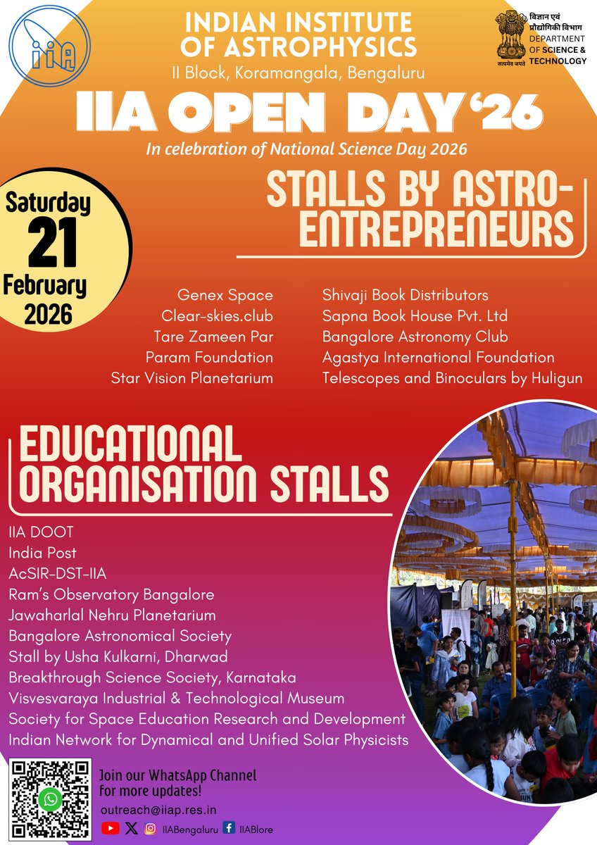 IIABengaluru's tweet photo. Our students are creating many new experiments and interactive demos on basic physics &amp; astronomy for you to enjoy!

Astro-entrepreneurs and academic organisations will put up stalls as well

@IndiaDST @karandi65 @fiddlingstars @doot_iia @CosmosMysuru #NationalScienceDay #NSD2026 https://t.co/i2dlQ0VARw