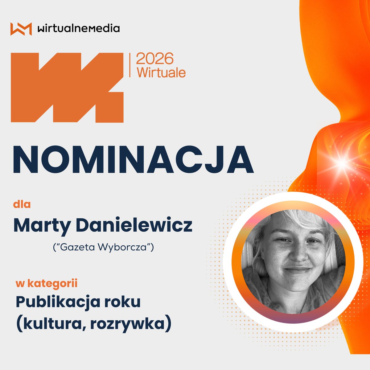 wirtualnemedia's tweet photo. Najlepsze publikacje o kulturze i rozrywce? W naszym konkursie Wirtuale 2026 nominowani są:
👉 Aleksandra Warecka z „Pisma”
👉@DariaChibner z @rzeczpospolita 
👉Jakub Szymanek z @xyz_oficjalnie
👉@mrtdanielewicz z @gazeta_wyborcza 
👉Robert Migdał z @gazetawroclaw https://t.co/UxFAftFEOw