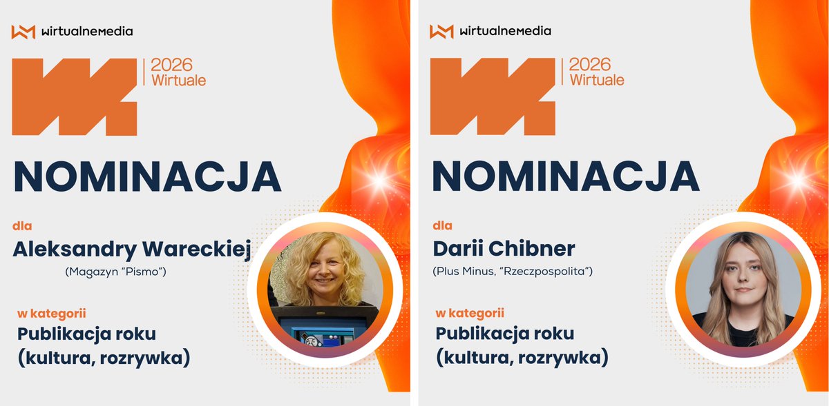 wirtualnemedia's tweet photo. Najlepsze publikacje o kulturze i rozrywce? W naszym konkursie Wirtuale 2026 nominowani są:
👉 Aleksandra Warecka z „Pisma”
👉@DariaChibner z @rzeczpospolita 
👉Jakub Szymanek z @xyz_oficjalnie
👉@mrtdanielewicz z @gazeta_wyborcza 
👉Robert Migdał z @gazetawroclaw https://t.co/UxFAftFEOw