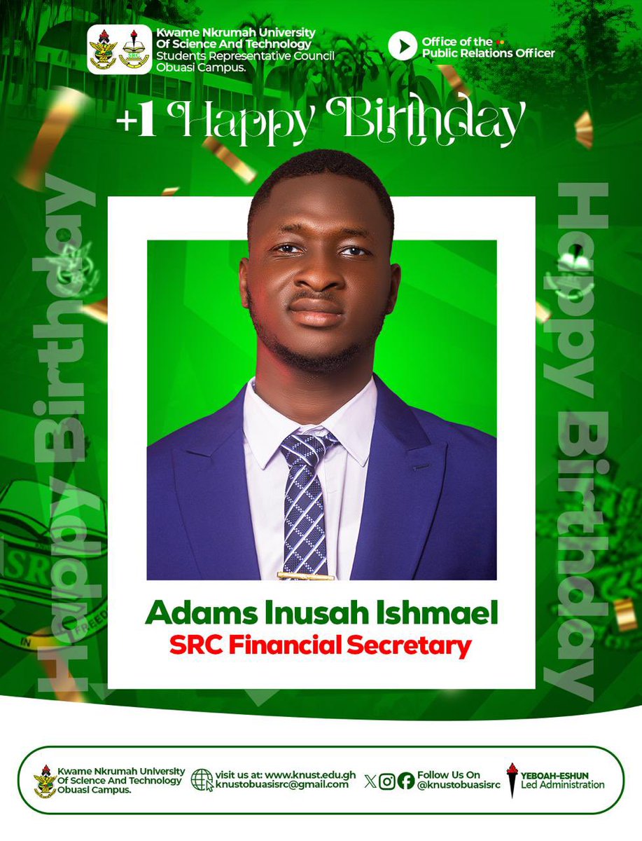 Wishing our SRC Financial Secretary a fantastic birthday! Your leadership and dedication to KNUST Obuasi Campus inspire us all. 

Here’s to another year of success and impactful service🥂