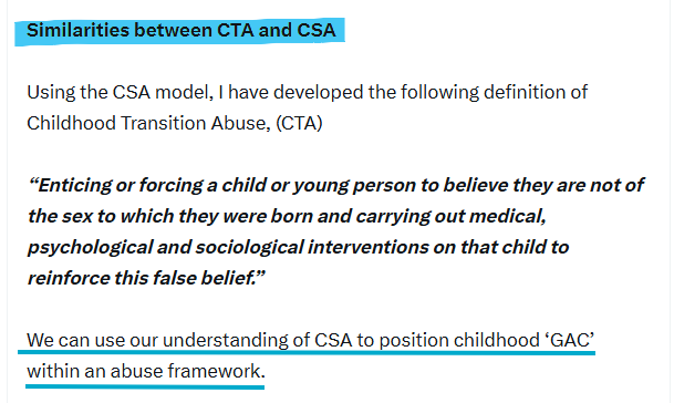 Exactly this.

We urgently need to reframe how we perceive pictures of 'trans' children.

Childhood Transition Abuse (CTA), is what I call the 'daylight twin' of Childhood Sexual Abuse (CSA).

A picture of a naked child is an abuse image.

A picture of a 'transed' child is also