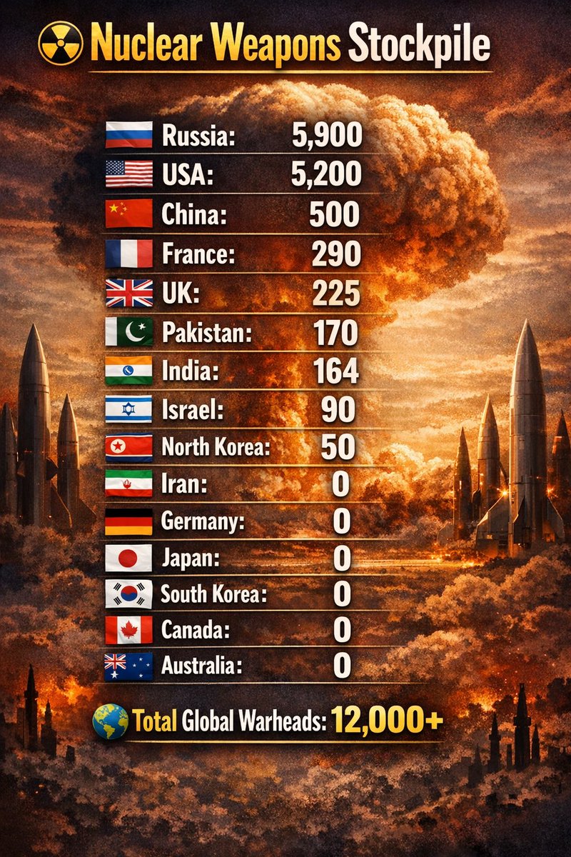 WatcherStats's tweet photo. ☢️ Nuclear Weapons Stockpile
🇷🇺 Russia: 5,900
🇺🇸 USA: 5,200
🇨🇳 China: 500
🇫🇷 France: 290
🇬🇧 UK: 225
🇵🇰 Pakistan: 170
🇮🇳 India: 164
🇮🇱 Israel: 90
🇰🇵 North Korea: 50
🇮🇷 Iran: 0
🇩🇪 Germany: 0
🇯🇵 Japan: 0
🇰🇷 South Korea: 0
🇨🇦 Canada: 0
🇦🇺 Australia: 0

🌍 Total global warheads: 12,000+