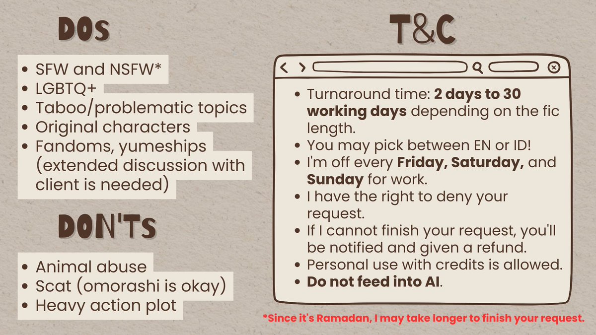 raharaco's tweet photo. [RT and likes appreciated]

Hello! I'm opening writing commission for 2 slots, starting from 50k for 700 words! Kindly read the cards below for my TOS and further details. If you're interested, you may fill the form provided on the thread. Thank you! 💙💜

⬇️ Link and sample ⬇️ https://t.co/qHwenxb0wX