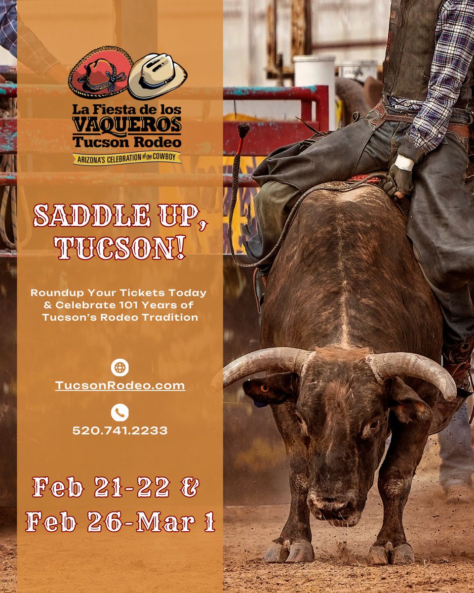 La Fiesta de los Vaqueros, The Tucson Rodeo, is back from 2/21-2/22 and 2/26-3/1! Gates open at 10am and performances start at 12pm! Don't forget about the Coors Barn Dance after the performances, open until 8pm! Get your tickets now at tucsonrodeo.com!🤠🐂