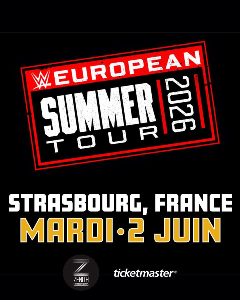 📢💥La <a href="/WWE/">WWE</a> de retour en France
Le 2 juin au Zénith de Strasbourg après 10 ans d'absence
Le 8 Juin à <a href="/Accor_Arena/">Accor Arena</a> avec pour la 1ere fois un show TV Monday Night RAW

Prévente WWE le 11 mars
Mise en vente le 13 mars

Inscrivez-vous à la prévente:
wwe.com/wweliveeurope