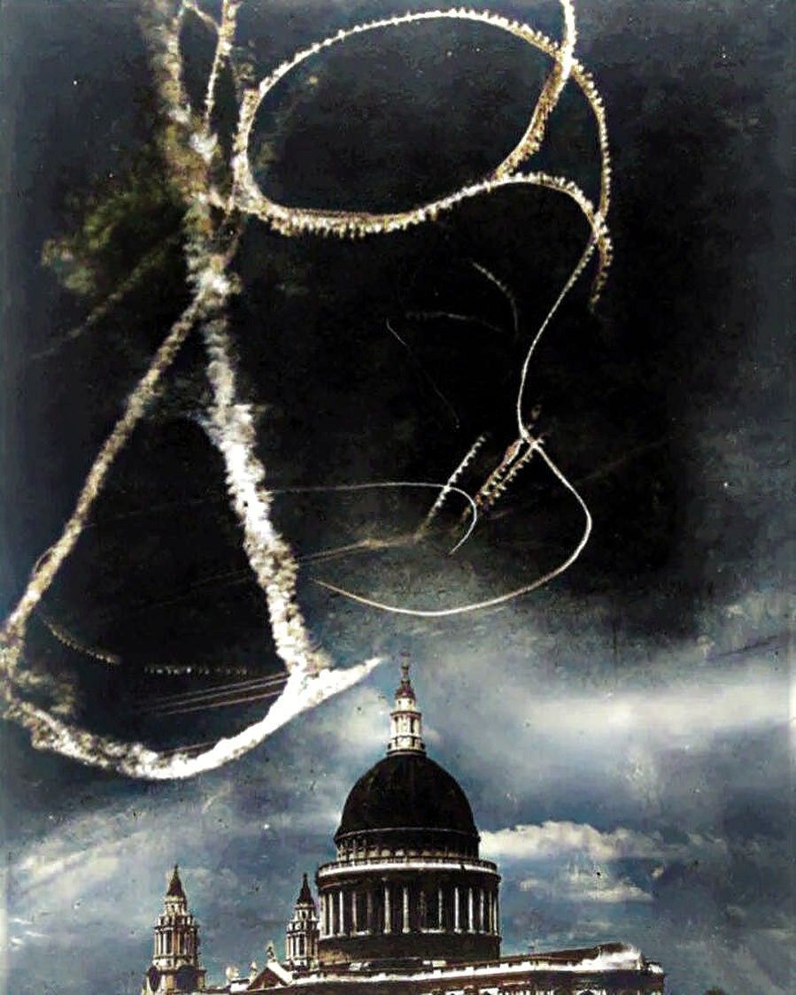 Contrails in the sky above St Paul's Cathedral from a dogfight between the German Luftwaffe and the RAF in 1940.