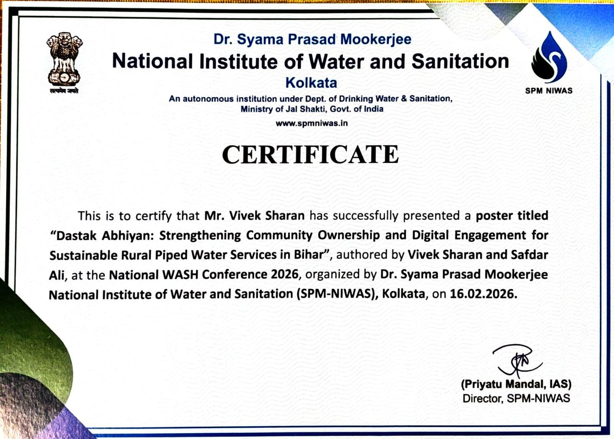 VivekSharan's tweet photo. Selected for the Poster presentation in the #National WASH Conference organised by #SPM-National Institute of Water and Sanitation on our scalable experiment on community engagement through Dastak campaign for improvement  in service delivery of Nal Jal in Sandesh block, Bhojpu https://t.co/9QnGbh0m7l