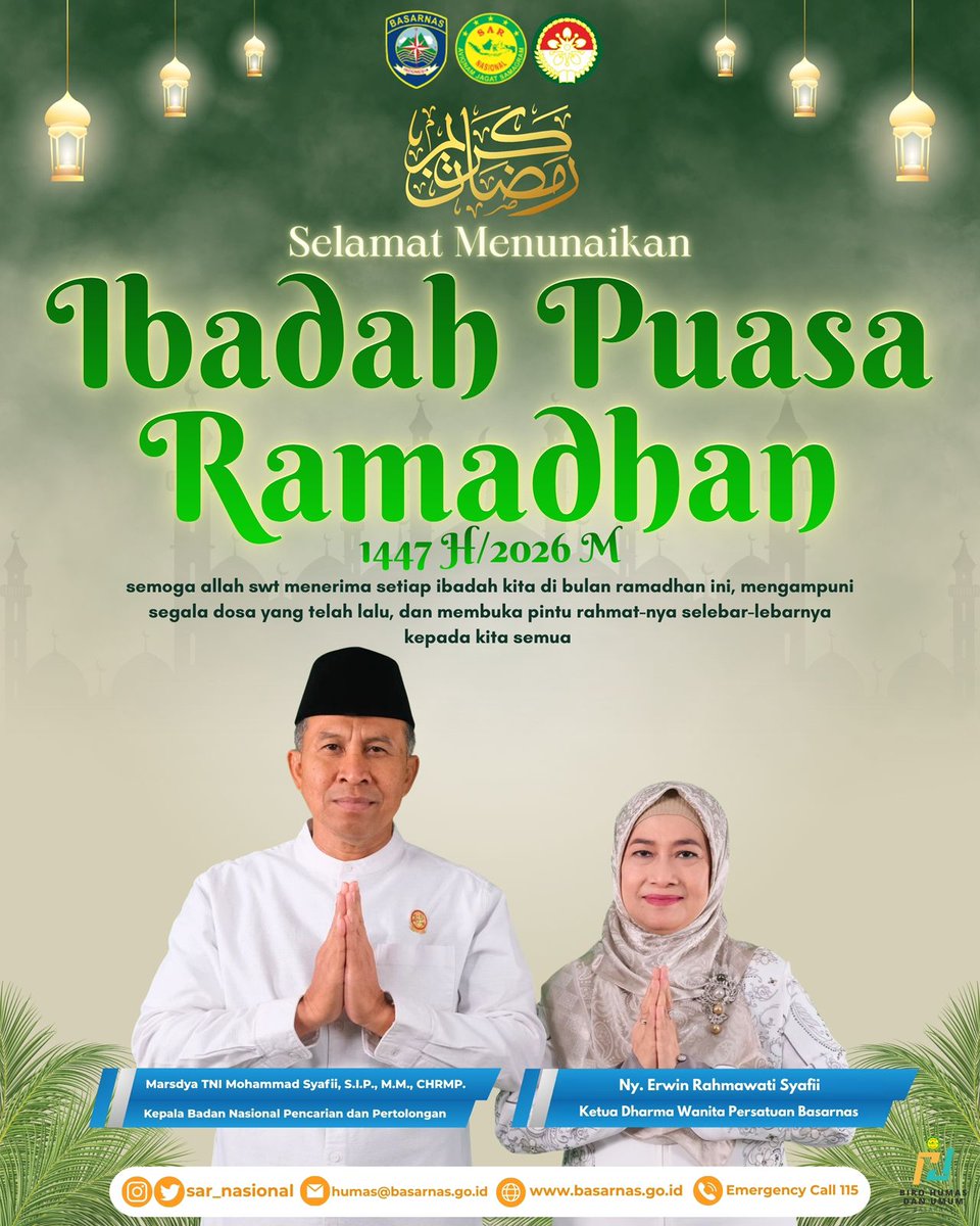 SAR_NASIONAL's tweet image. Kepala Basarnas dan Ketua Dharma Wanita Persatuan Basarnas mengucapkan "selamat menunaikan ibadah puasa Ramadan" 🌙

Semoga Ramadan membawa keberkahan, keselamatan, dan kedamaian bagi kita semua.

#basarnas #ramadan