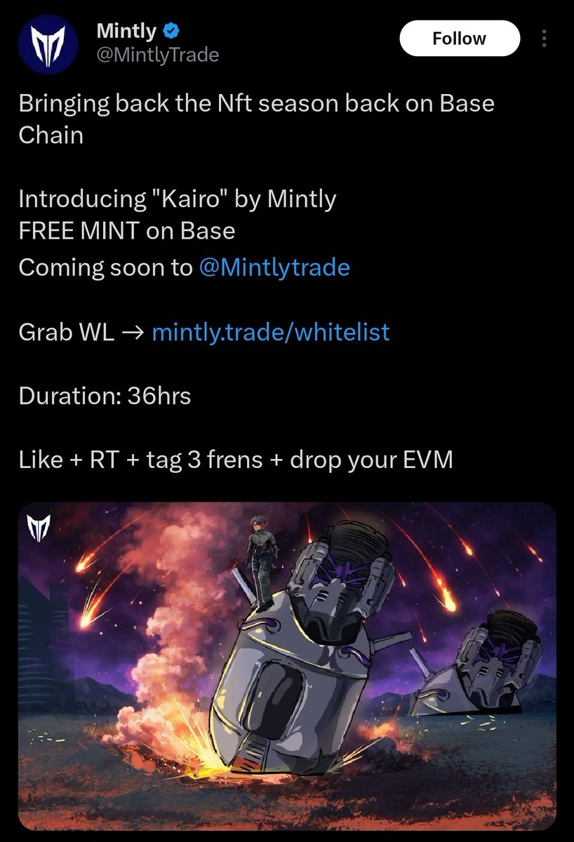 NFT Finds.... <a href="/MintlyTrade/">Mintly</a> 

• Joined May 2025
• Followers count: 2752

"Kairo" by Mintly
• Supply: TBaa
• Chain: Base
• Price: Free Mint

Mintly is an innovative multichain no-code platform empowering NFT creators to launch their collections effortlessly in 60secs.

Checked