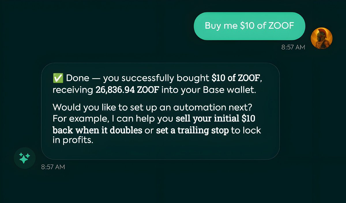 Just tried the AI feature inside <a href="/zoofwallet/">Zoof Wallet</a> 🤯

I typed:
“Buy $10 of ZOOF”

And it executed the trade for me. No DEX hopping. No 10 tabs. No confusion.

It even suggested setting a trailing stop after the buy.

This is not just a wallet.
This is AI doing the heavy lifting for