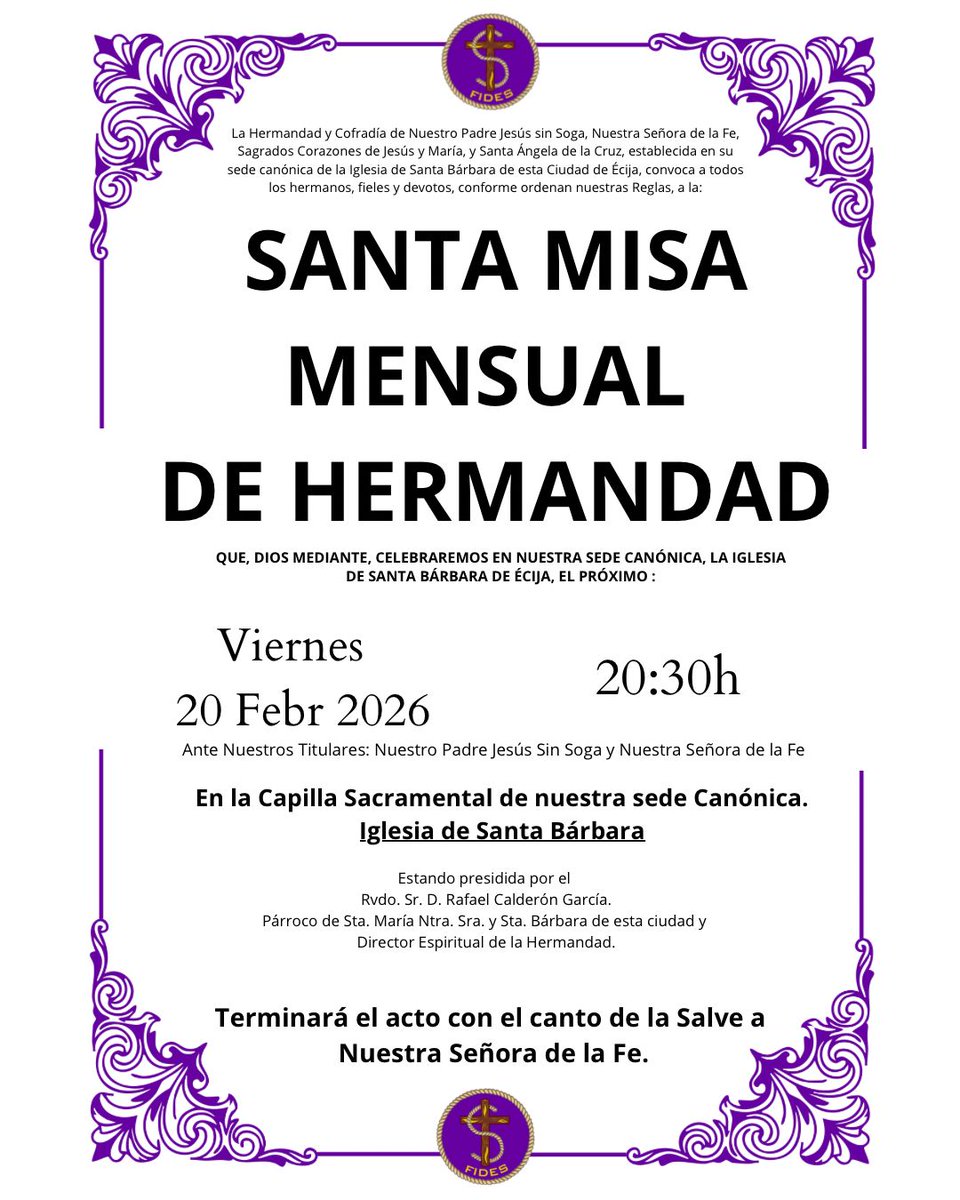 Este viernes, Santa Misa Mensual de Hermandad. A las 20:30 horas en Santa Bárbara.