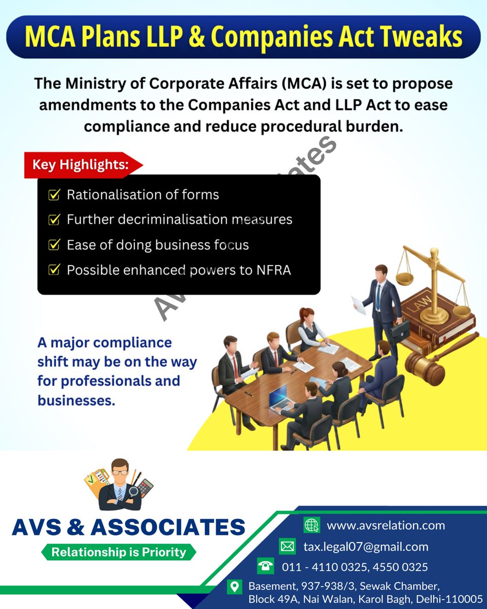 Ask_aVs's tweet photo. MCA plans key amendments to the Companies Act &amp; LLP Act 🚨

• Rationalisation of forms
• Further decriminalisation
• Ease of doing business focus
• Possible enhanced powers to NFRA
A major compliance shift may be coming. Are you ready?

#MCA #CompaniesAct #LLPAct #Compliance https://t.co/ukcSxY8ltz