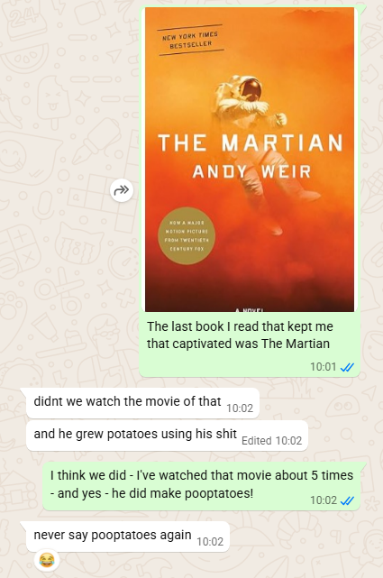 DamianDoherty's tweet photo. @andyweirauthor I was talking to my 11 year old daughter this morning about books - I thought you might enjoy this exchange! 😂 https://t.co/s4PiGczf2r
