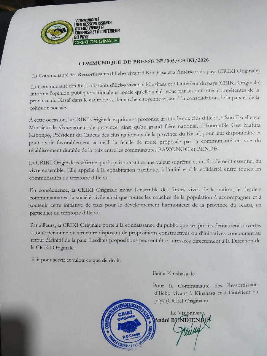 bulembo_andre's tweet photo. La CRIKI Originale a été reçue par les autorités du Kasaï pour sa démarche citoyenne en faveur de la paix et de la cohésion sociale à Ilebo
Merci aux élus d’Ilebo, au Gouverneur et à l’Hon. Guy Mafuta  pour leur soutien à la feuille de route pour la paix entre les communautés https://t.co/QXJ9x0s50x