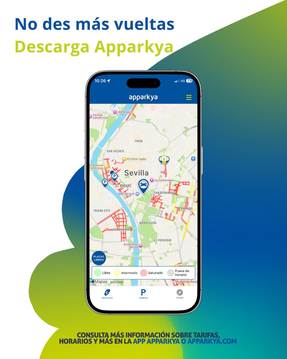 apparkya's tweet image. En Apparkya puedes consultar el nivel de ocupación de la zona regulada de Sevilla.
Así eliges zona con cabeza y no con fe.

🟢 Verde: libre
🟡 Amarillo: intermedio
🔴 Rojo: saturado

Descarga Apparkya y míralo antes de salir 👇
app.apparkya.es
#apparkya #zonaregulada