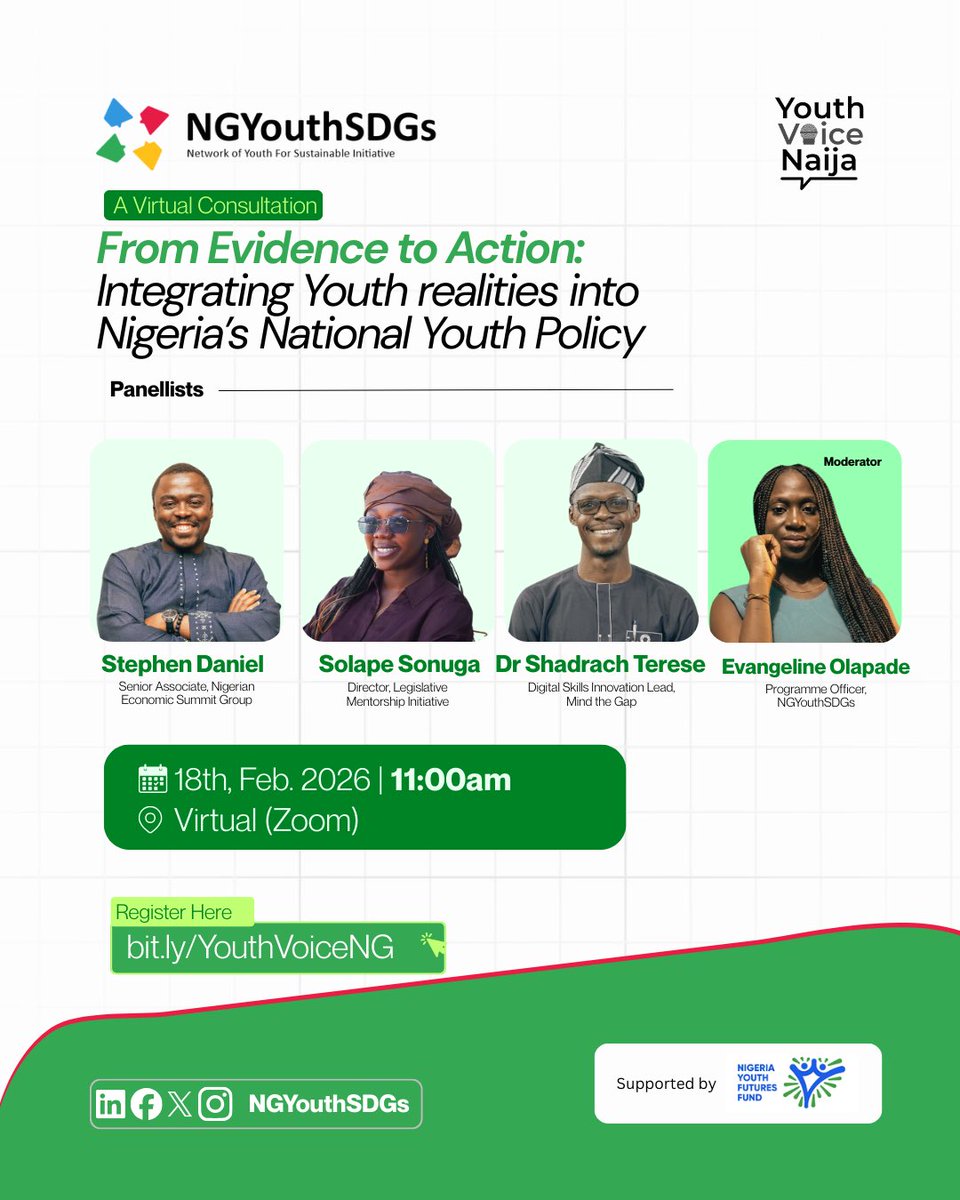 NGYouthSDGs's tweet photo. We are LIVE! 🚀

The virtual consultation "From Evidence to Action: Integrating Youth Realities into Nigeria’s National Youth Policy" is officially underway. 

Follow this thread for live updates! 🧵👇
#YouthVoiceNaija #NGYouthSDGs #TheNigeriaweWant https://t.co/R6srw6DIWv