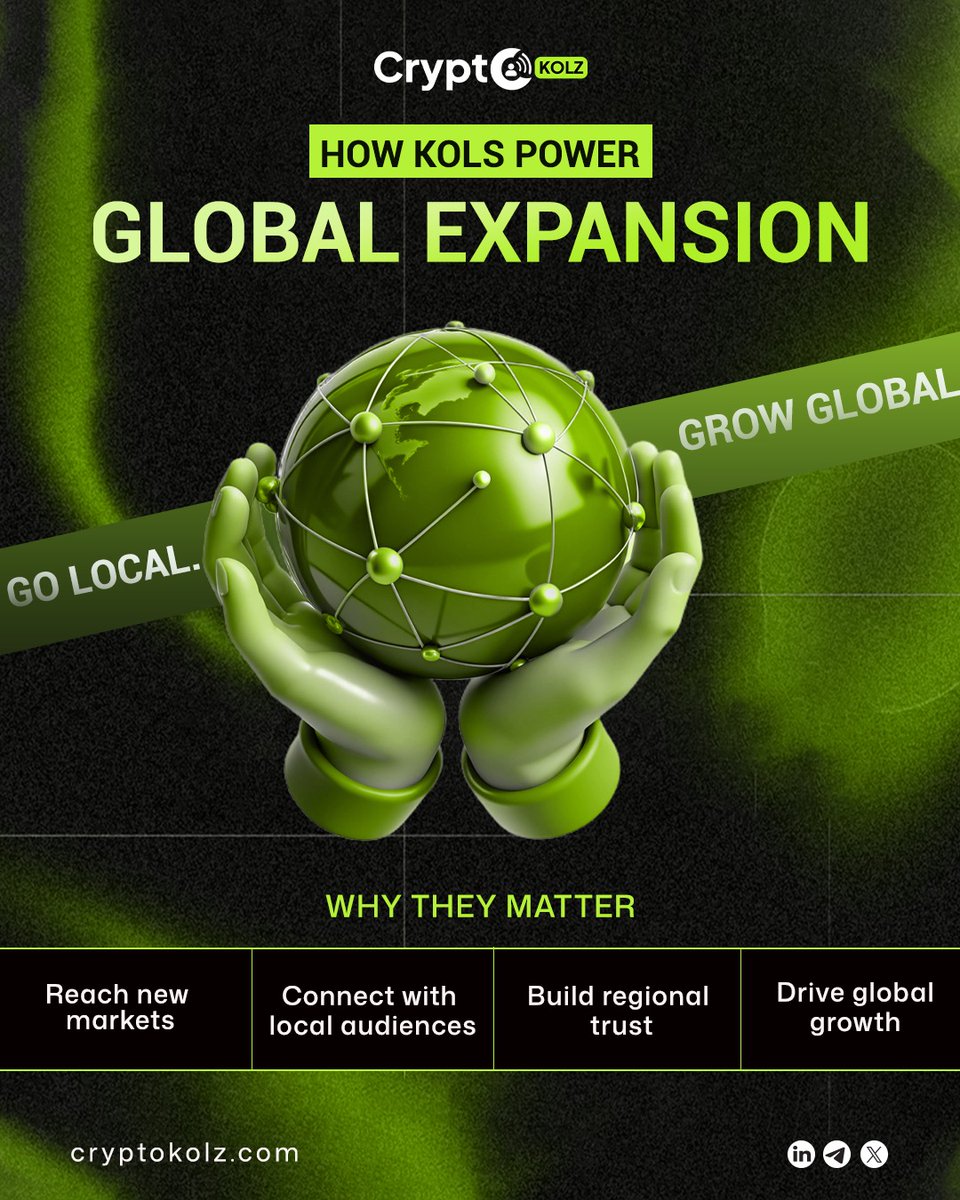 cryptokolz's tweet photo. 🌍 Go local. Grow global.
KOLs help Web3 projects expand beyond borders by:
✔ Reaching new markets
✔ Connecting with local audiences
✔ Building regional trust
✔ Driving global growth
🌐 https://t.co/RQrlIAVHaZ
#Web3 #CryptoKOL #BlockchainMarketing #GlobalExpansion https://t.co/vUosp5dXso