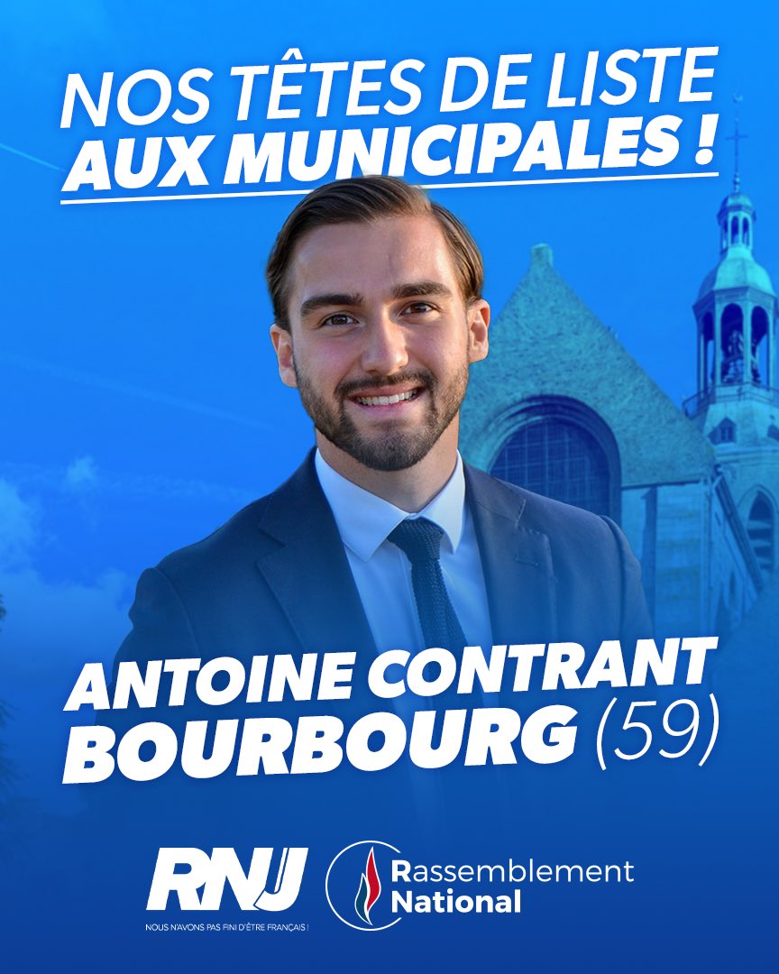 🔵 À #Bourbourg, <a href="/AntoineContrant/">Antoine Contrant 🇫🇷</a>, délégué départemental adjoint du RNJ Nord est notre candidat aux élections municipales des 15 et 22 mars ! 

🇫🇷 Soutenez nos candidats : …icipales2026.rassemblementnational.fr