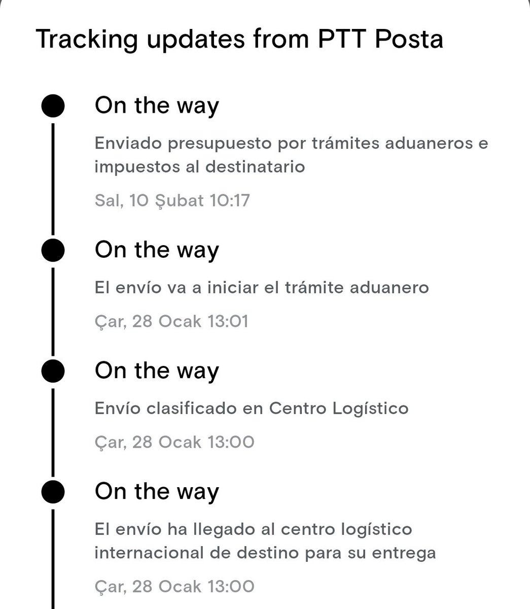 El artículo que envié por correo aéreo desde Estambul hace semanas aún no se ha entregado, a pesar de que el destinatario pagó los aranceles aduaneros. Llevo seis días sin recibir ninguna confirmación del pago. Te envié los detalles por mensaje privado. <a href="/CorreosAtiende/">CorreosAtiende</a> <a href="/Correos/">Correos</a>
