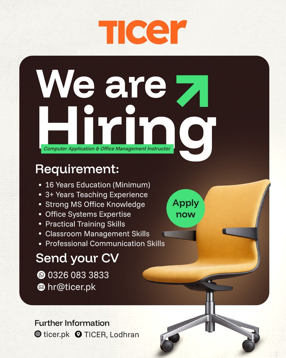ticerpk's tweet photo. 📢 We’re Hiring!
TICER is looking for a Computer Application & Office Management Instructor.
Qualified, experienced & skilled in MS Office? Apply now.
📩 hr@ticer.pk
📞 0326 0833 833 | 0608 36 4433
📍 TICER, Lodhran
#TICER #Hiring #TeachingJobs #OfficeManagement #LodhranJobs https://t.co/usIHFkyvj5