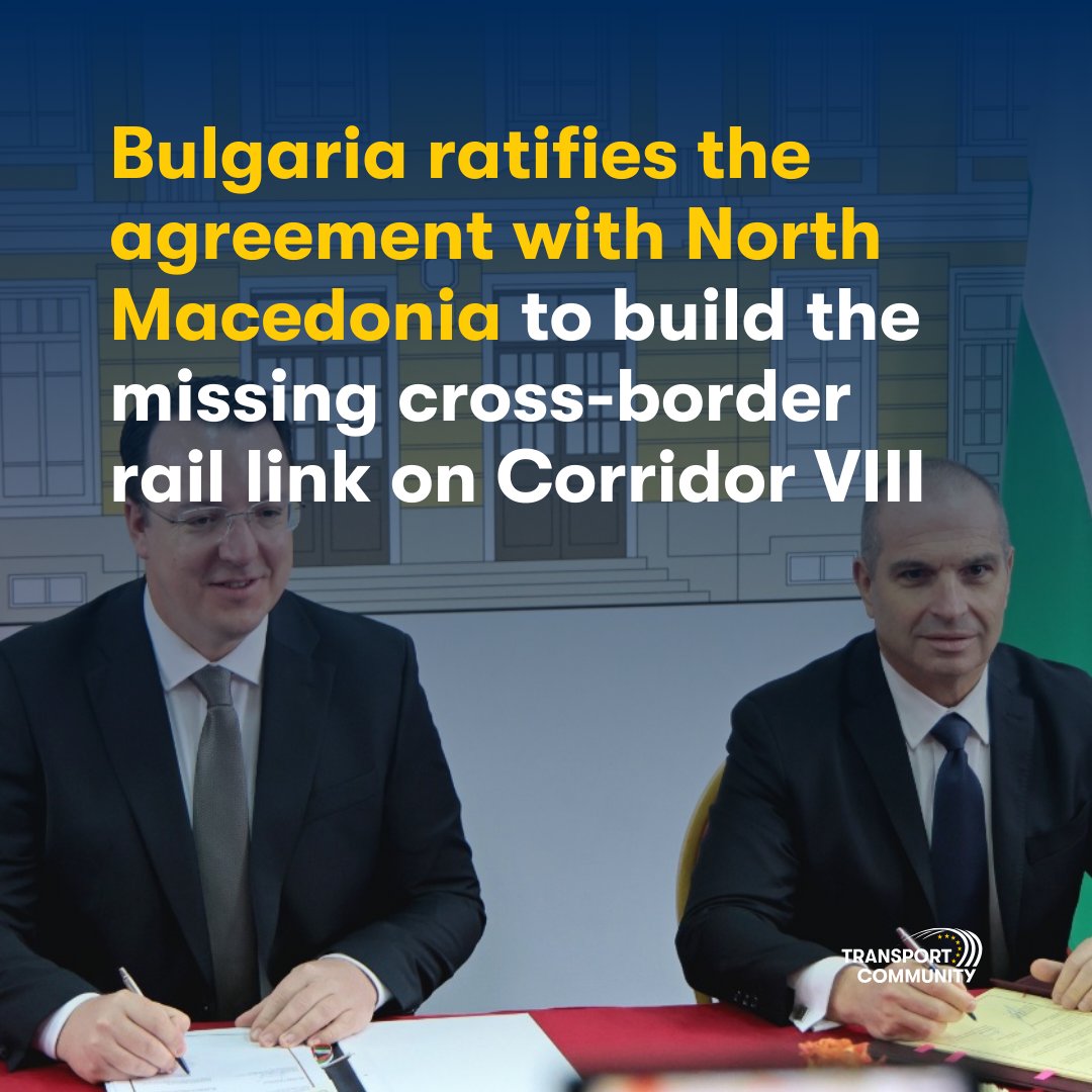 🚆 We welcome #Bulgaria’s ratification of the agreement with #NorthMacedonia to build the missing cross-border rail link on #CorridorVIII.

The 2.4 km tunnel will connect Sofia and Skopje, strengthening links between the Black Sea and the Adriatic ✅

We are #TogetherConnected 💙