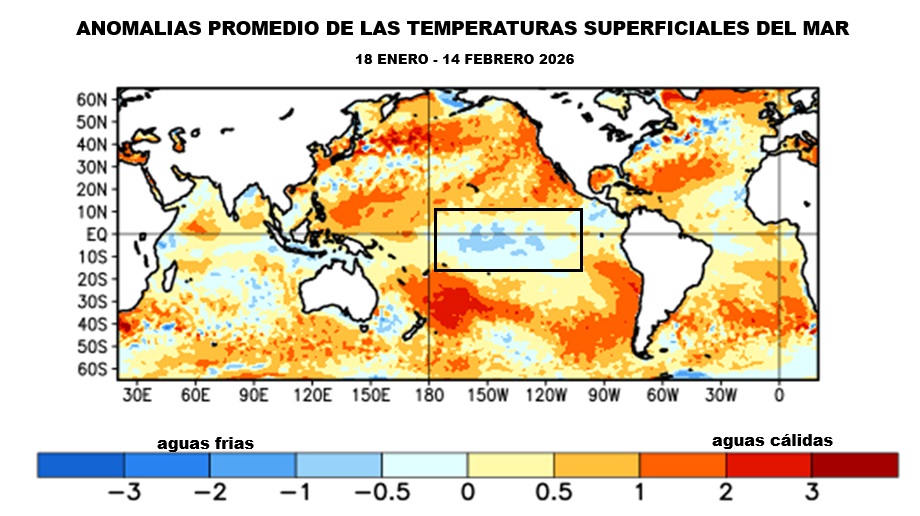 La Niña se puede ver en este mapa, representada por las aguas azules claras y oscuras. Estamos en el final de este evento frío y la transición hacia la neutralidad primero, y luego hacia un posible nuevo evento cálido en el segundo semestre 2026 (noticia en desarrollo)