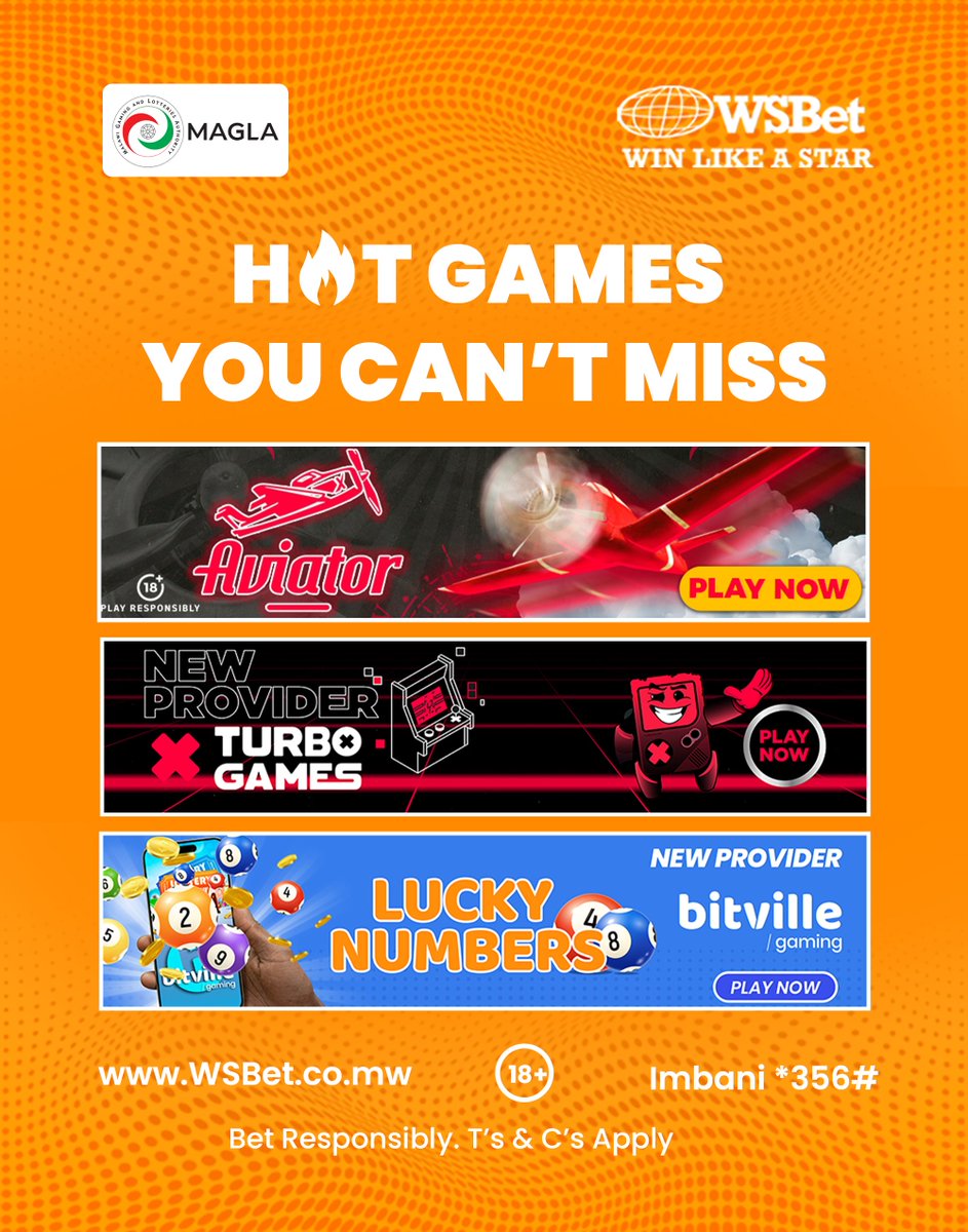 Wsbetting_mw's tweet photo. 🔥 HOT GAMES YOU CAN’T MISS! 📷 

Aviator, Turbo Games &amp; Lucky Numbers

https://t.co/6B1OrW4zkZ 

18+ | Bet Responsibly | T’s &amp; C’s Apply  

#HotGames #Aviator #TurboGames #LuckyNumbers #OnlineCasino https://t.co/dZgD9OD4Sj