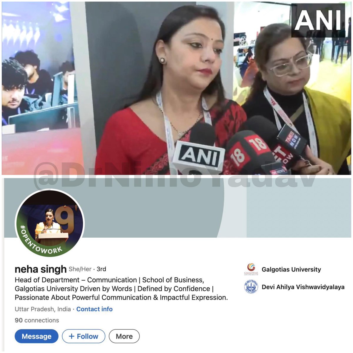 She is Neha Singh.

She has been working at Galgotia University for years in the communications department.

She was tasked with representing Galgotia University robo dog at the AI Summit.

She was told it was made by the robotics department.

She was excited for this