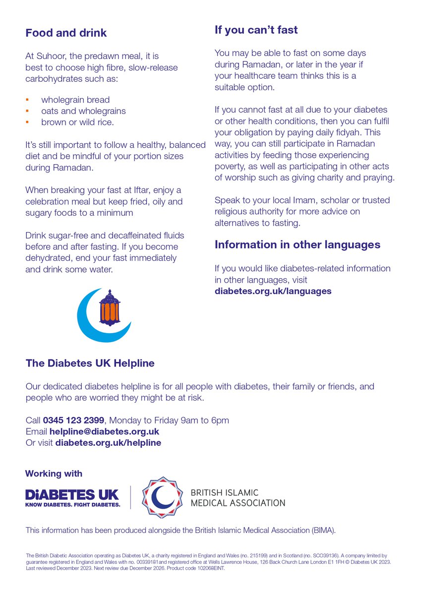 🌙Ramadan 2026 has begun and will run for around 29–30 days, ending with Eid al‑Fitr.

If you or someone you know is fasting while managing diabetes, check the guidance from @diabetesuk 

diabetes.org.uk/about-diabetes…