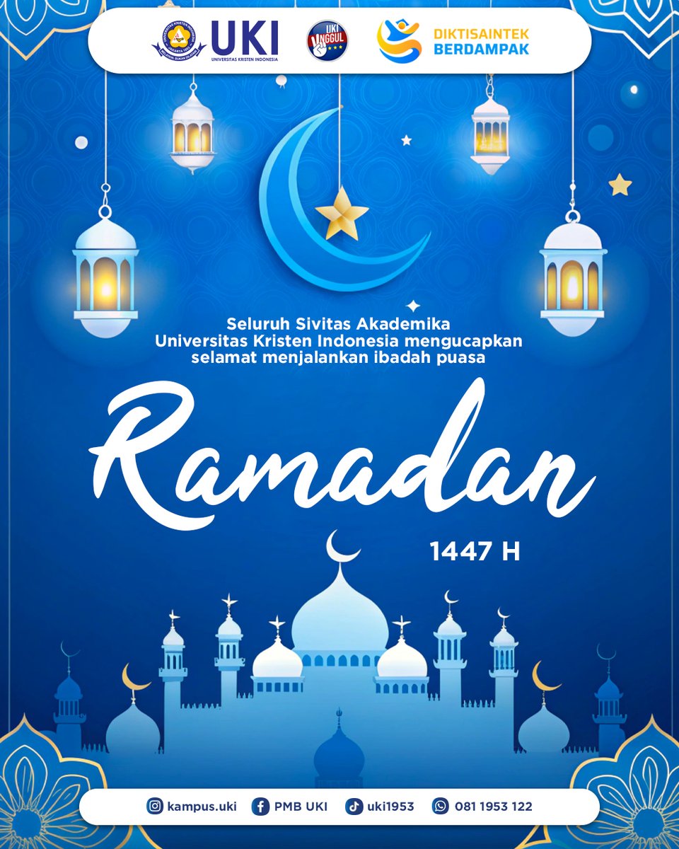 Bulan suci kembali mengetuk hati 
Saatnya menenangkan langkah, menjernihkan niat, dan menguatkan makna kebersamaan.

Selamat menunaikan ibadah puasa.
Semoga setiap amal menjadi cahaya, dan setiap doa menemukan jalannya. ✨

#UKI #Ibadahpuasa #Ramadan1447H